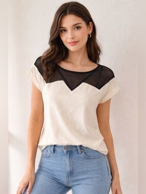 MYNE Ashley Ann Silk Blouse Mesh Yoke Short Sleeve Ivory Black Size Small